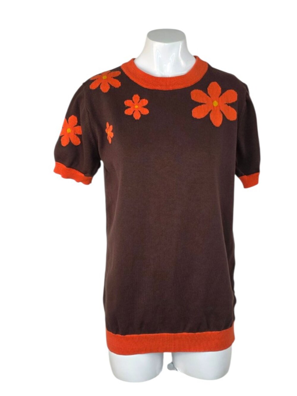 OX KNIT Retro Floral Shirt, Brown/Orange, 70's Inspired, Cotton, Size L